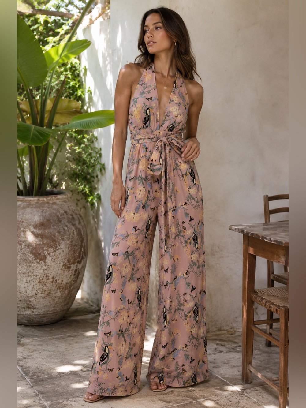 Reformation Lenore Tropical Bird Floral Halter Wide Leg Jumpsuit